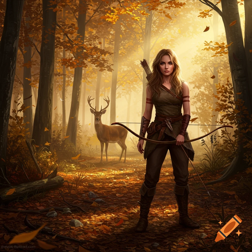 A woman archer with a bow stands in an autumn forest, a deer in the background. Digital art.