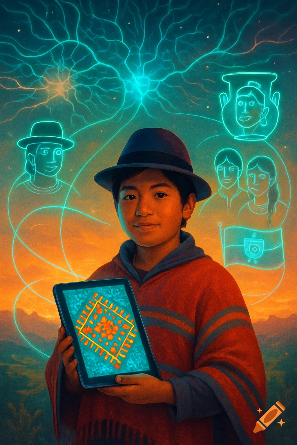 A boy in a hat and poncho holds a glowing tablet with a geometric pattern, surrounded by neon outlines of people and brain-like energy against an orange sky.