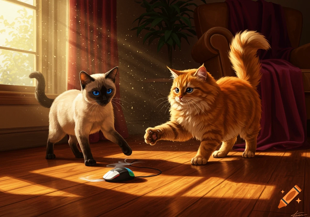 A Siamese cat and an orange tabby play with a computer mouse on a sunlit wooden floor in a detailed digital art style.