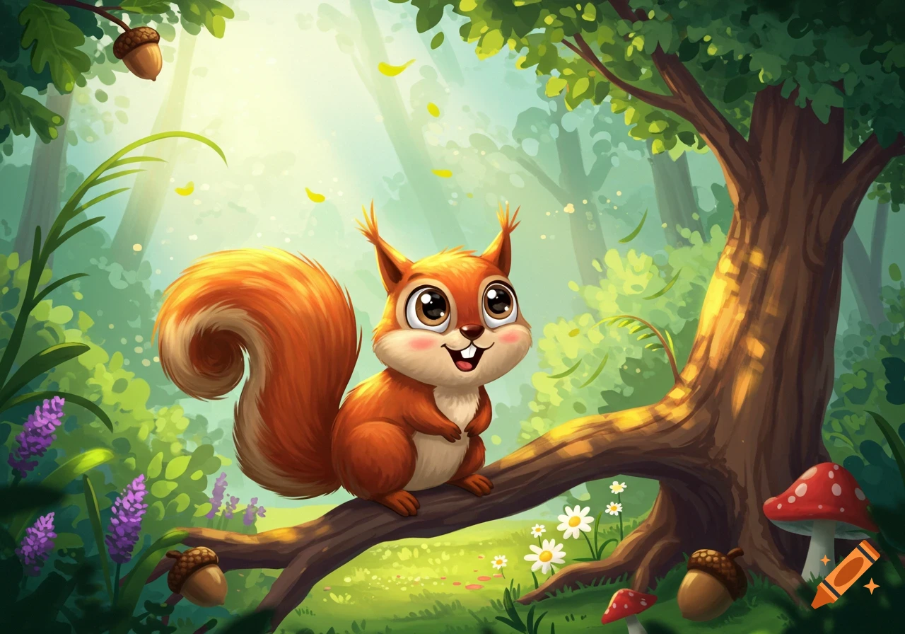 A cute cartoon squirrel with big eyes sits on a tree branch in a sunny, vibrant forest with green foliage and mushrooms.