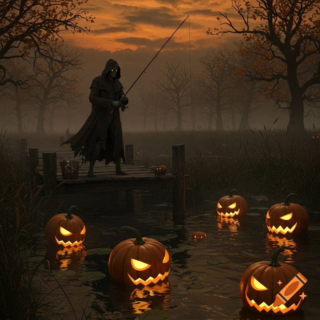 A grim reaper-like figure fishes from a wooden dock, surrounded by glowing jack-o'-lanterns in a spooky, misty Halloween swamp.