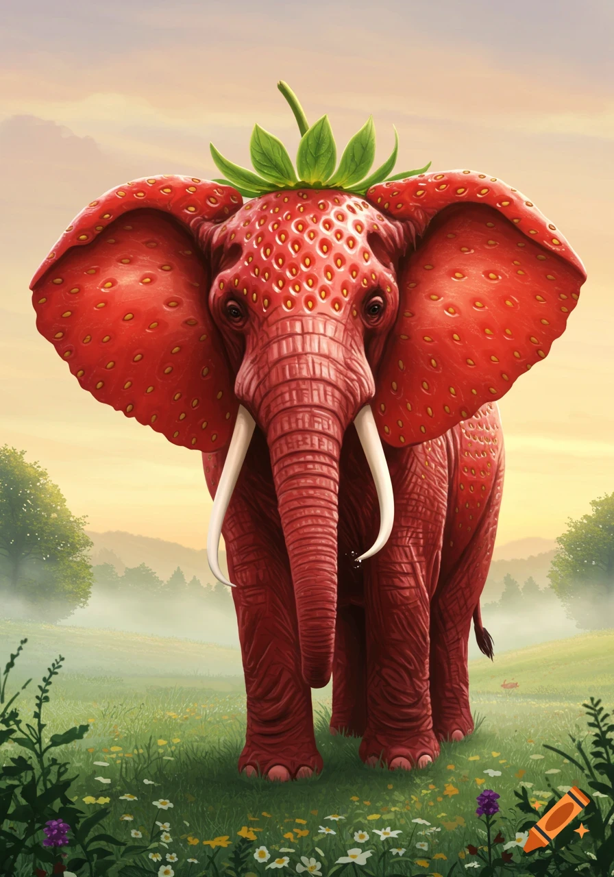 A vibrant red elephant with a strawberry texture and a green leafy cap stands in a lush green field under a soft sky, digital art.