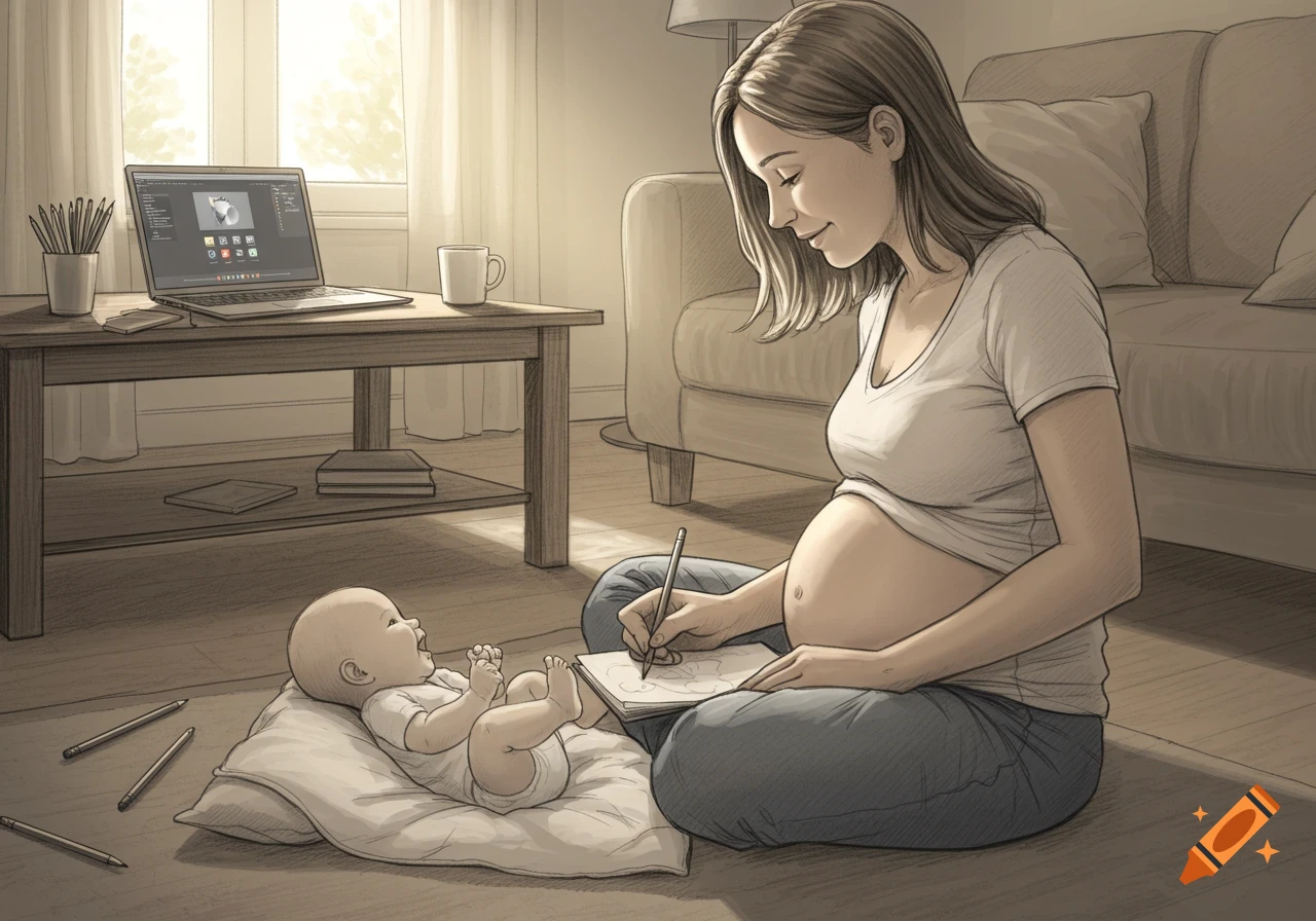A pregnant woman sits on the floor drawing in a notebook, while a baby lies on a pillow nearby. A laptop is on a coffee table.