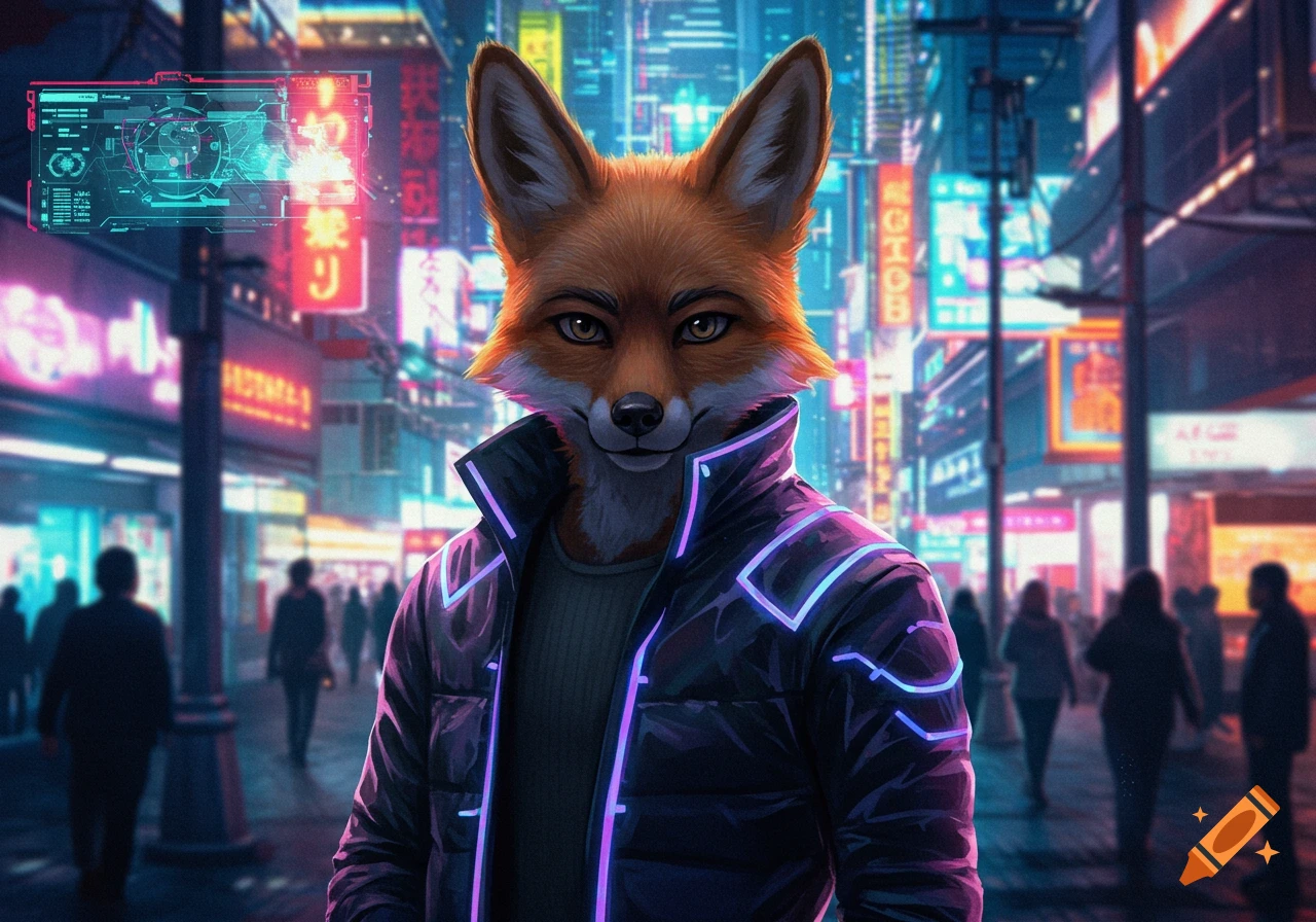An anthropomorphic fox wearing a black puffer jacket with neon lines stands in a vibrant, neon-lit cyberpunk city street.