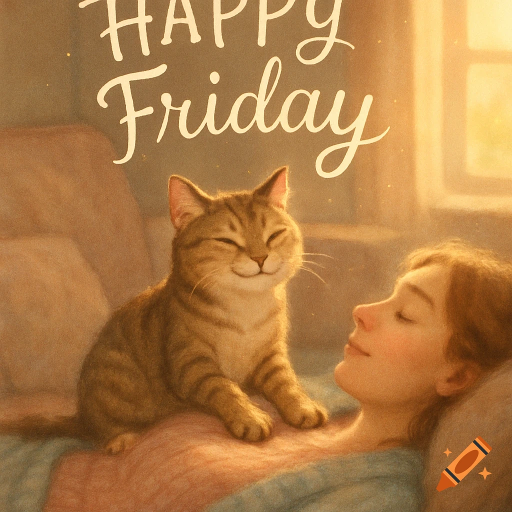 A smiling tabby cat rests on a woman's chest with 'HAPPY Friday' text above in a cozy, warm illustration.