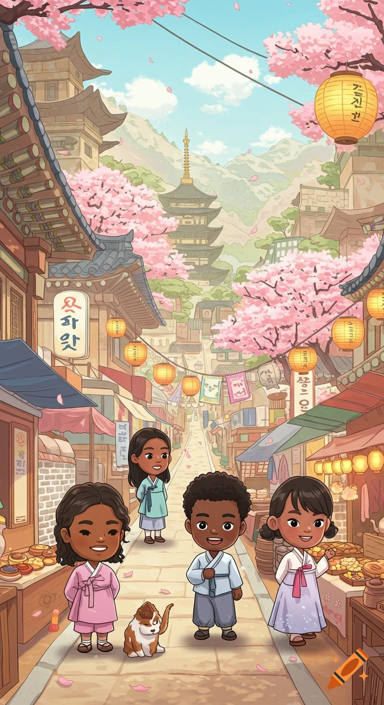 Three cartoon children and a dog in traditional Korean clothing stand on a bustling street lined with shops, pagodas, and cherry blossoms.