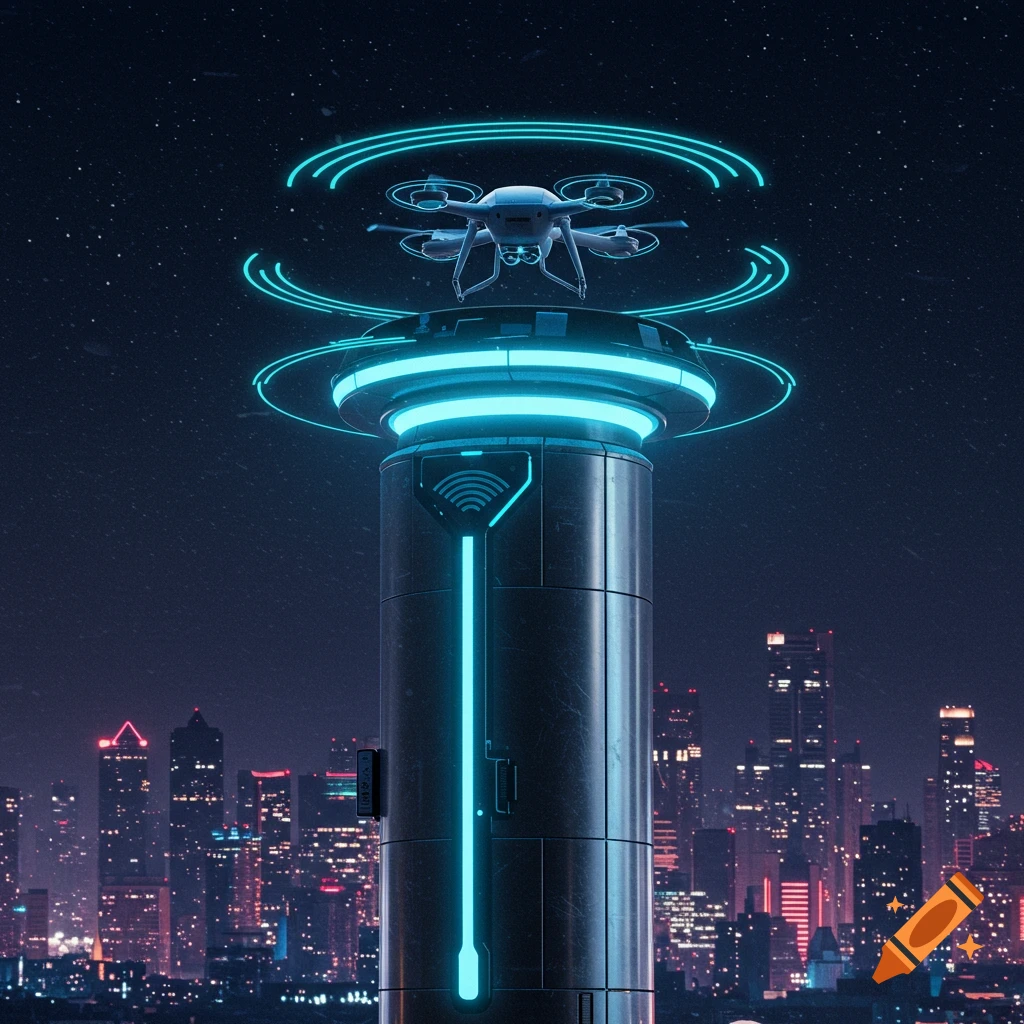 A futuristic glowing blue tower with a drone hovering above it, set against a dark city skyline with twinkling lights.