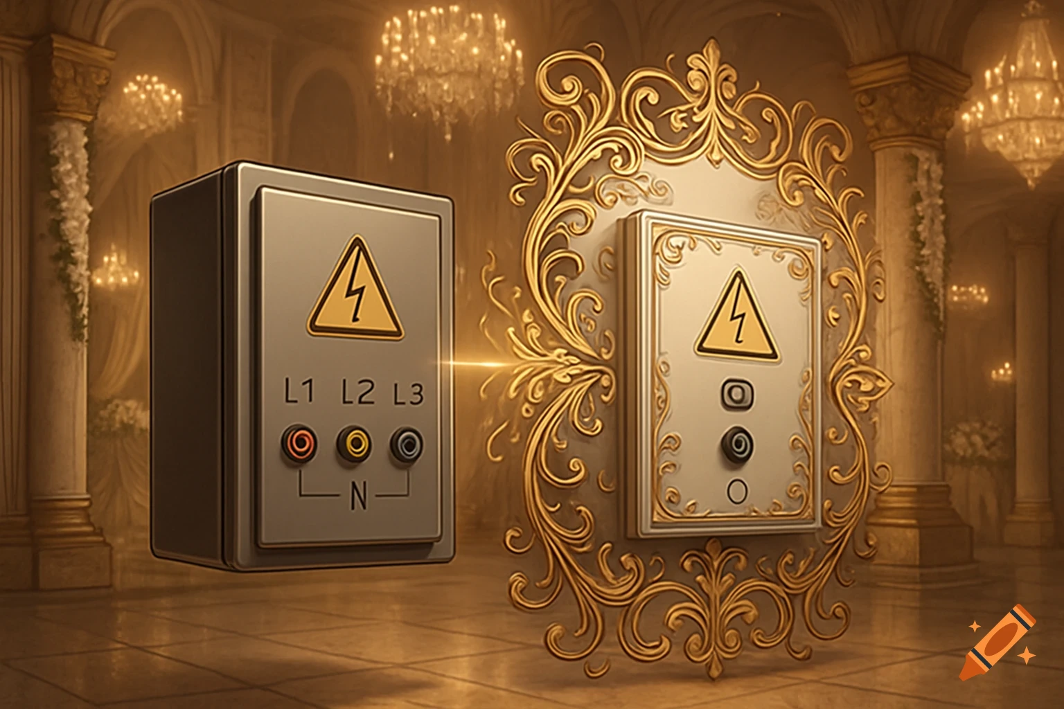 Two electrical panels, one gray and one gold-framed, with lightning symbols, in an ornate hall with chandeliers.