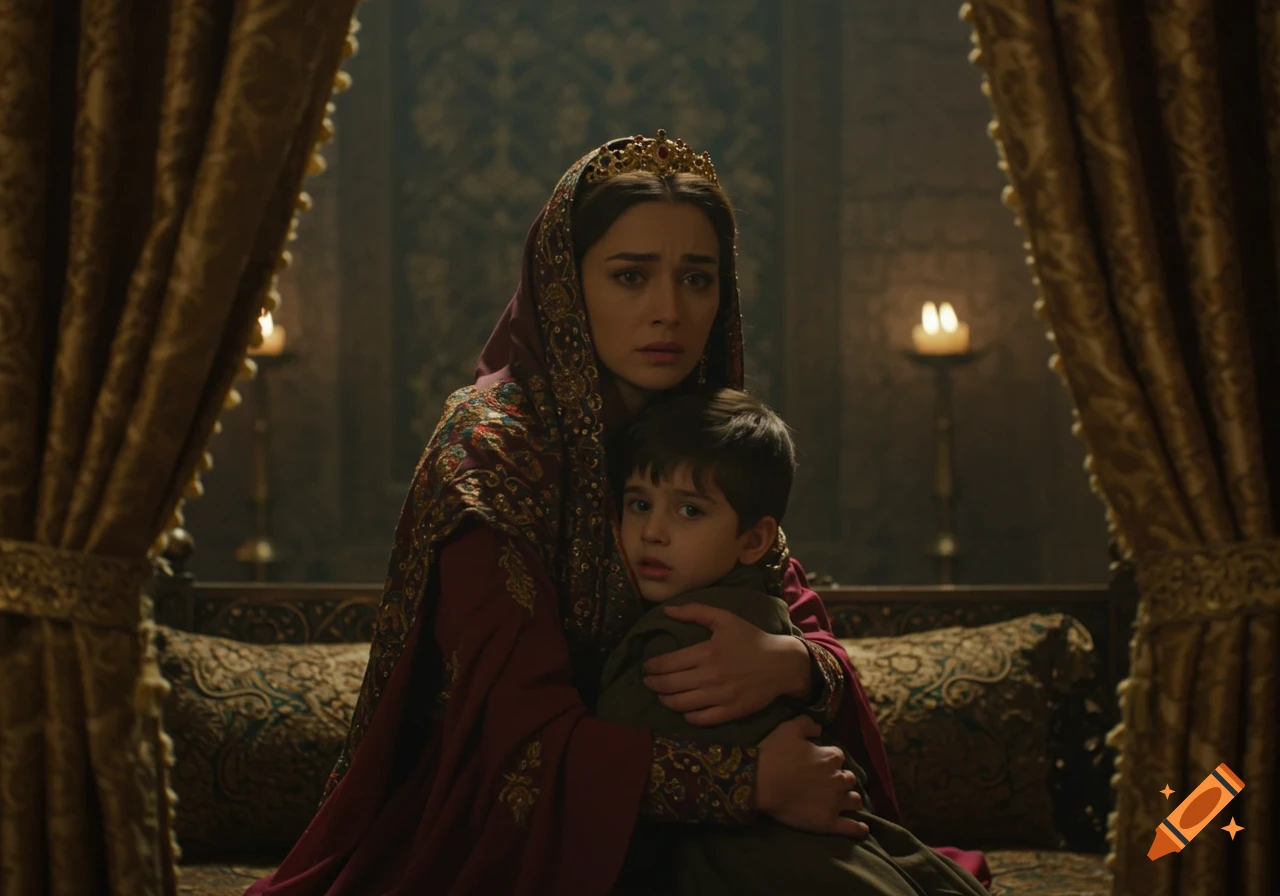 A worried woman in royal Persian attire tightly embraces a scared young boy in a dimly lit, ornate chamber. Cinematic style.