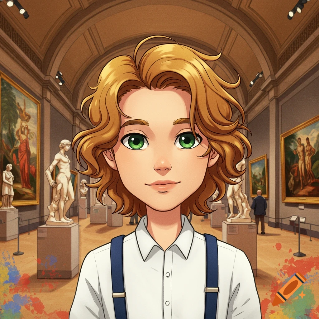 A cartoon character with wavy golden hair and green eyes stands in an art museum.