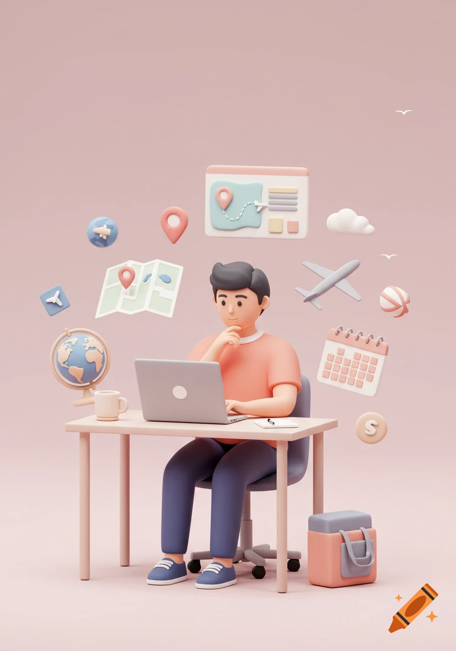 3D illustration of a young person planning a trip on a laptop, surrounded by pastel travel icons like maps, an airplane, and a calendar.