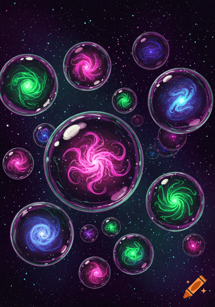 Numerous glowing, iridescent cosmic bubbles filled with swirling neon pink, green, and blue light against a starry dark purple background.