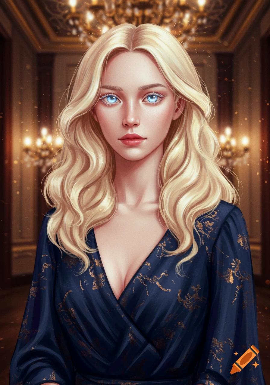 A fantasy portrait of a blonde woman with piercing blue eyes, wearing an elegant navy blue dress with gold patterns.