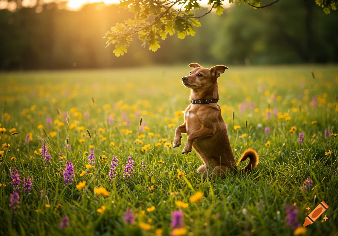 A small brown dog stands on its hind legs in a field of yellow and purple wildflowers at sunset, under a leafy branch. Photorealistic.