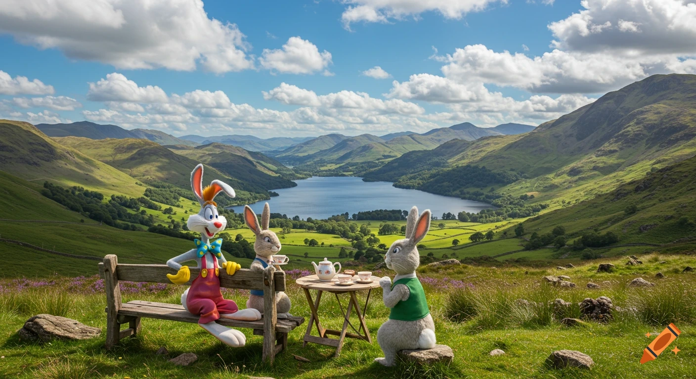Photorealistic image of Roger Rabbit and two other rabbits having a tea party on a bench and rock overlooking a vast, beautiful green mountain lake landscape under a blue sky.