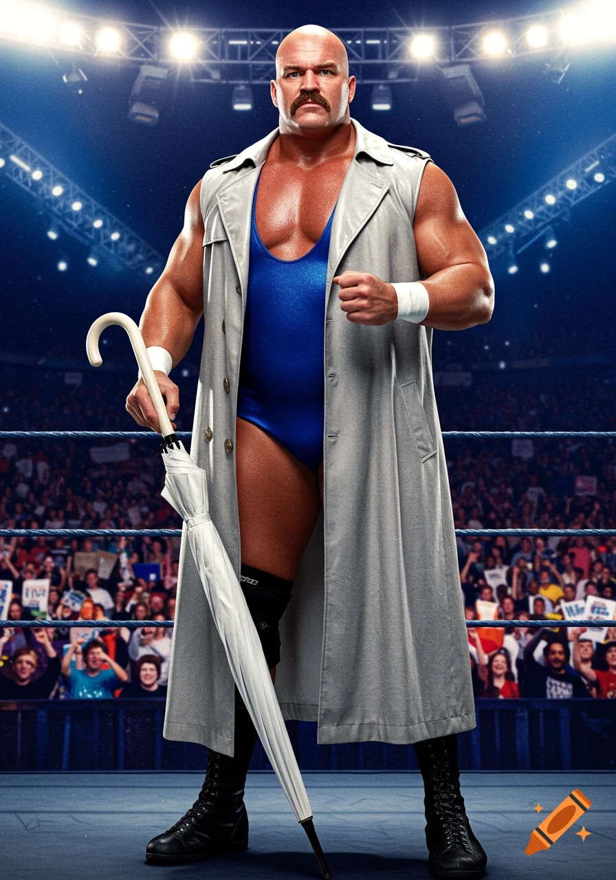 A bald, mustachioed wrestler in a blue singlet and sleeveless gray trench coat holds a closed white umbrella in a wrestling ring.