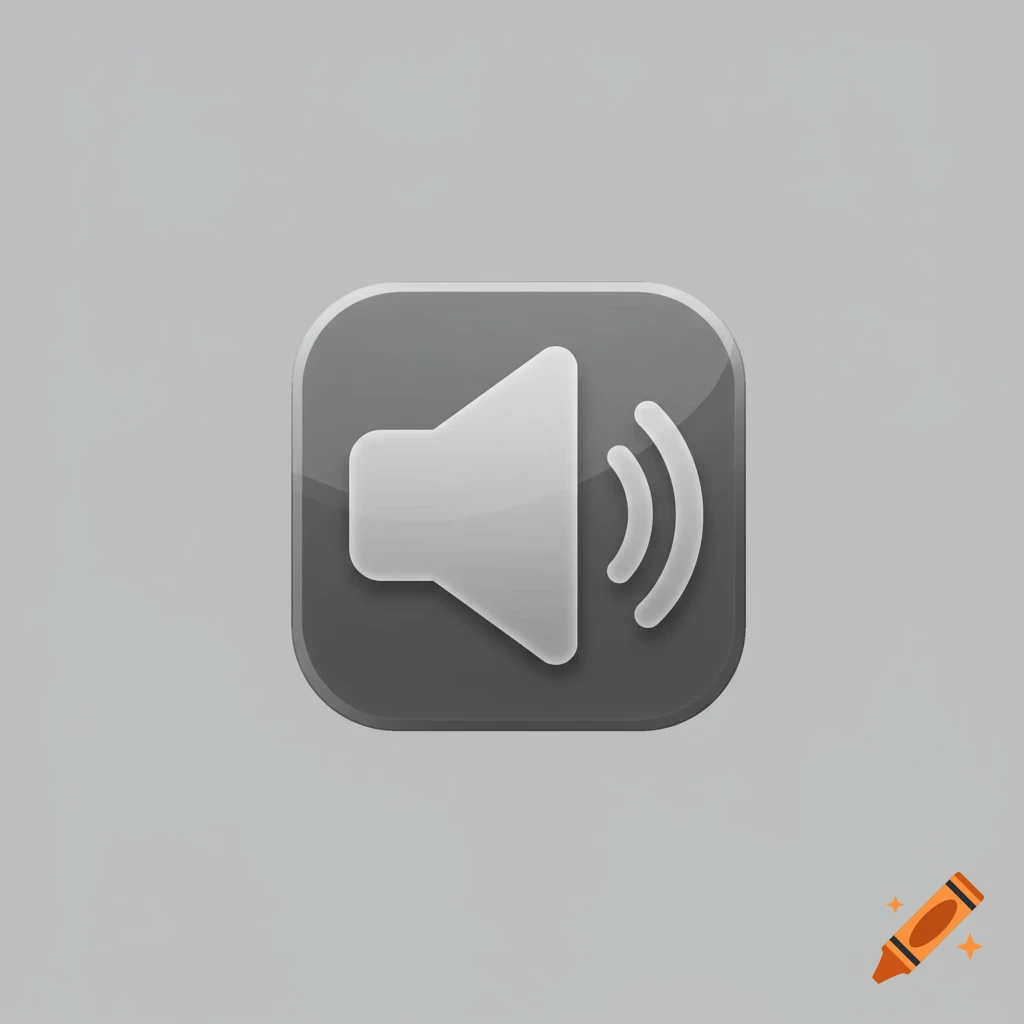 A glossy grey speaker icon with white sound waves on a light grey background.