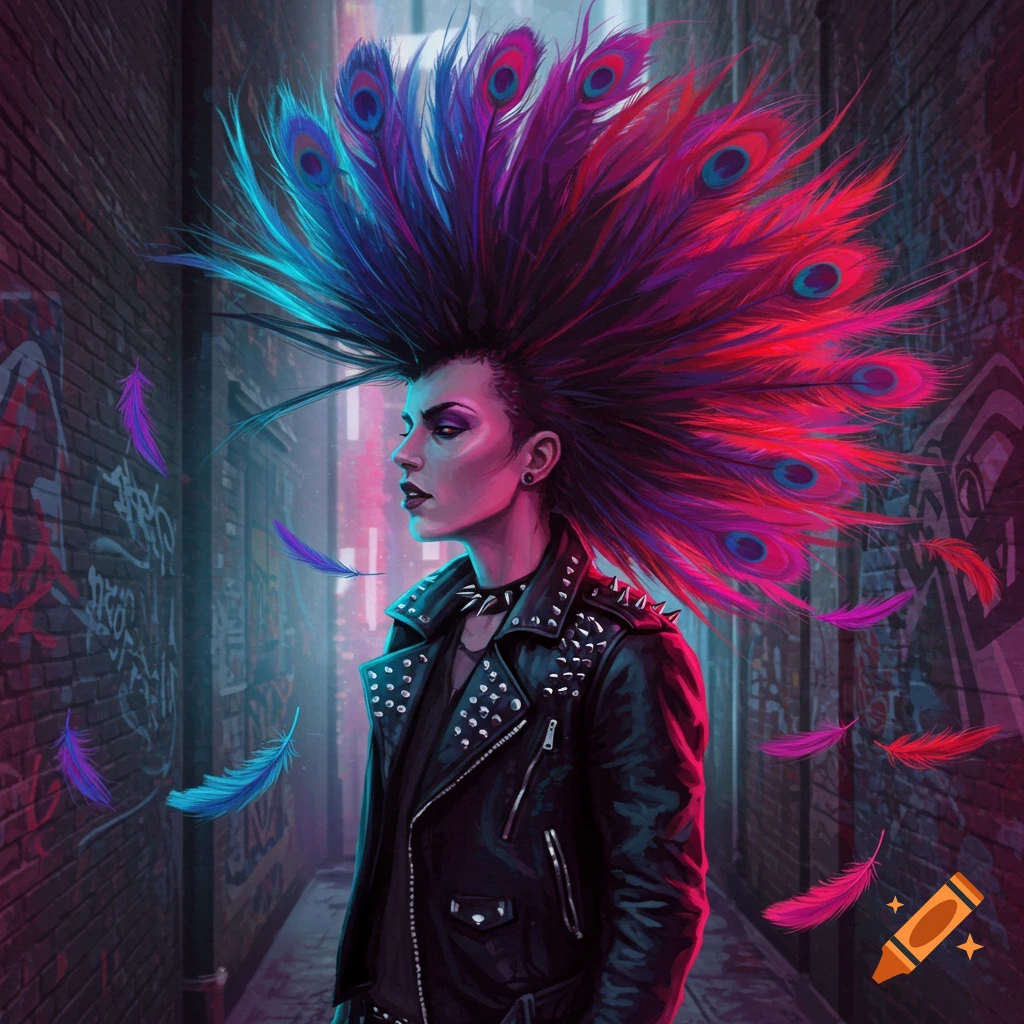 A punk rocker with vibrant blue and red peacock feathers for hair, wearing a studded leather jacket in a neon-lit urban alley.