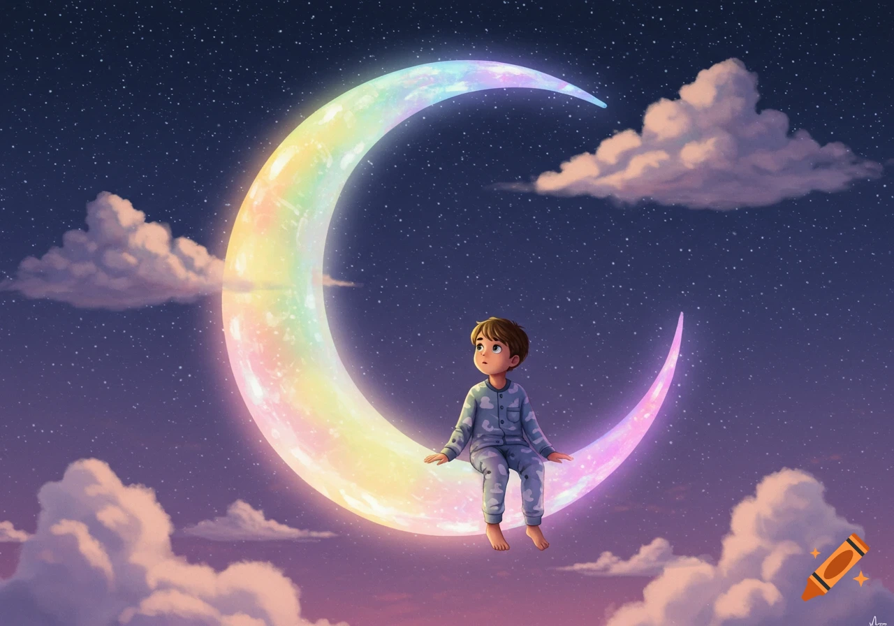 An animated boy in blue pajamas sits on a glowing rainbow crescent moon in a starry night sky with pink clouds.