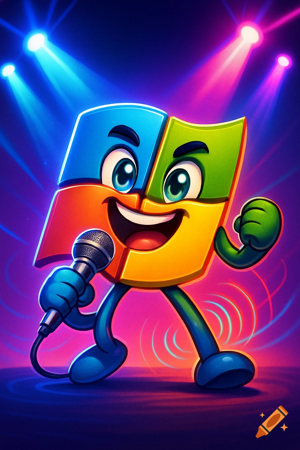 A stylized cartoon Microsoft Windows logo character, happy and holding a microphone, standing on a stage with bright blue and pink spotlights.