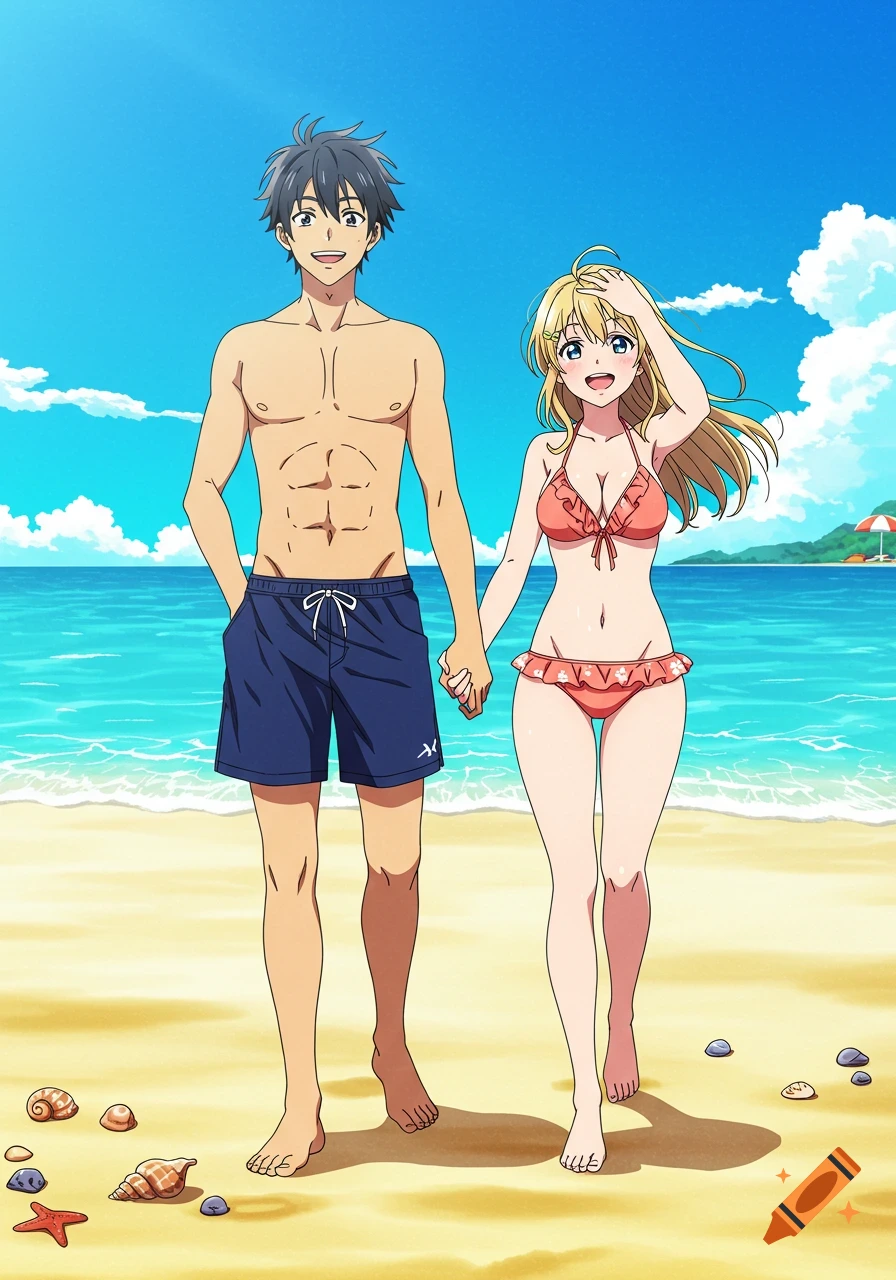 Anime man and woman in swimwear holding hands on a sunny beach.