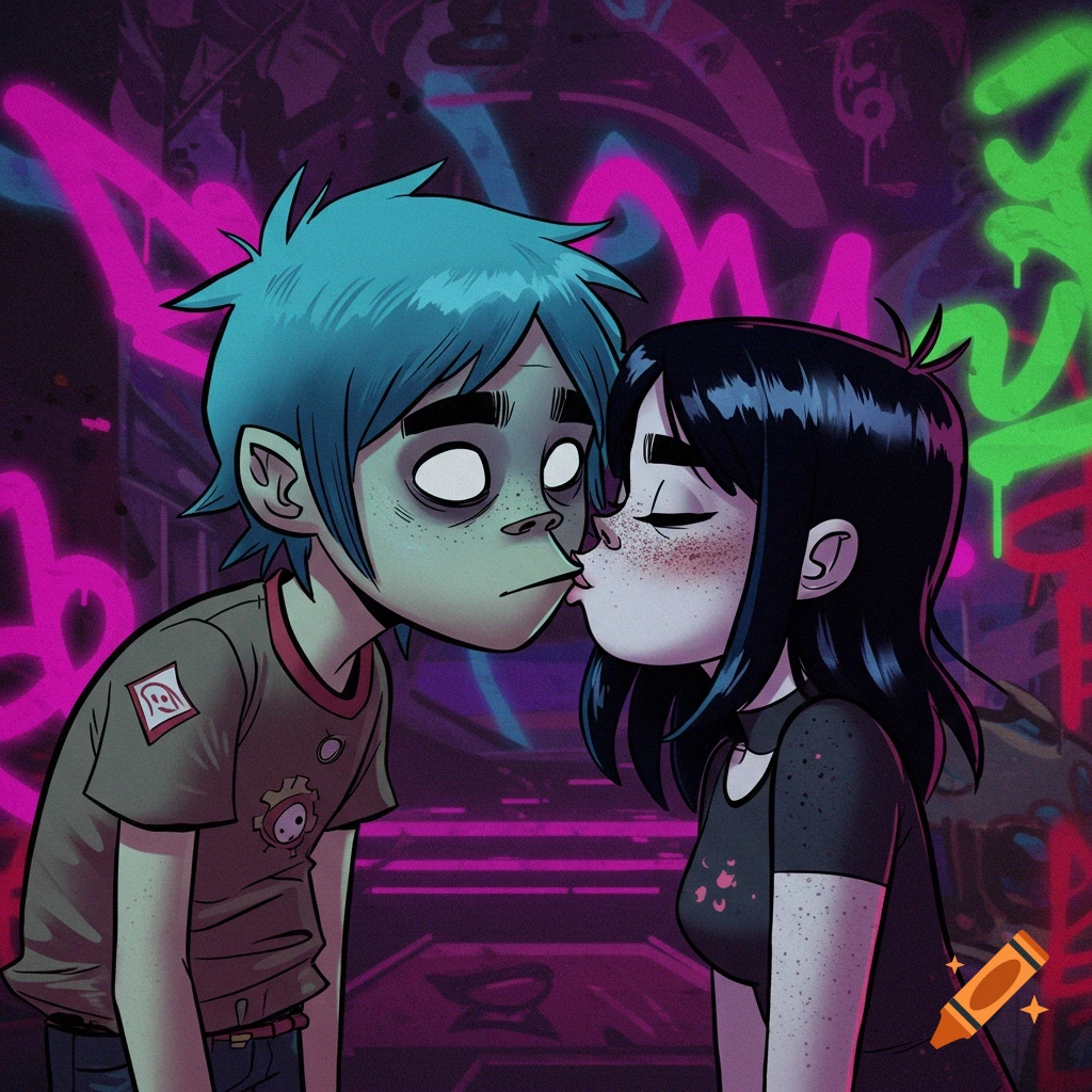 Stylized cartoon characters Stuart Pot and a black-haired girl kiss in a neon-lit, graffiti-covered urban setting.