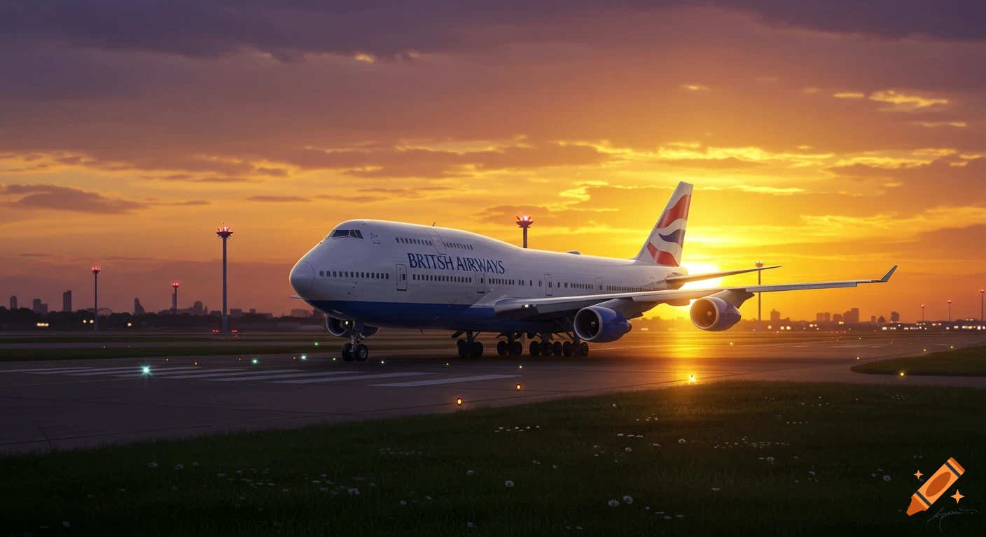 A photorealistic British Airways Boeing 747 on an airport runway at sunset, with a vibrant orange and purple sky.