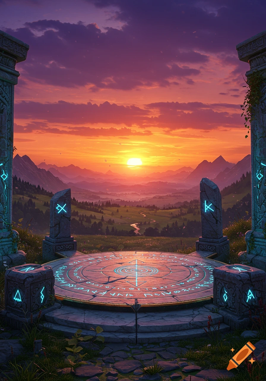 A vibrant fantasy landscape at sunset, featuring ancient stone structures with glowing runes overlooking a mountain valley.