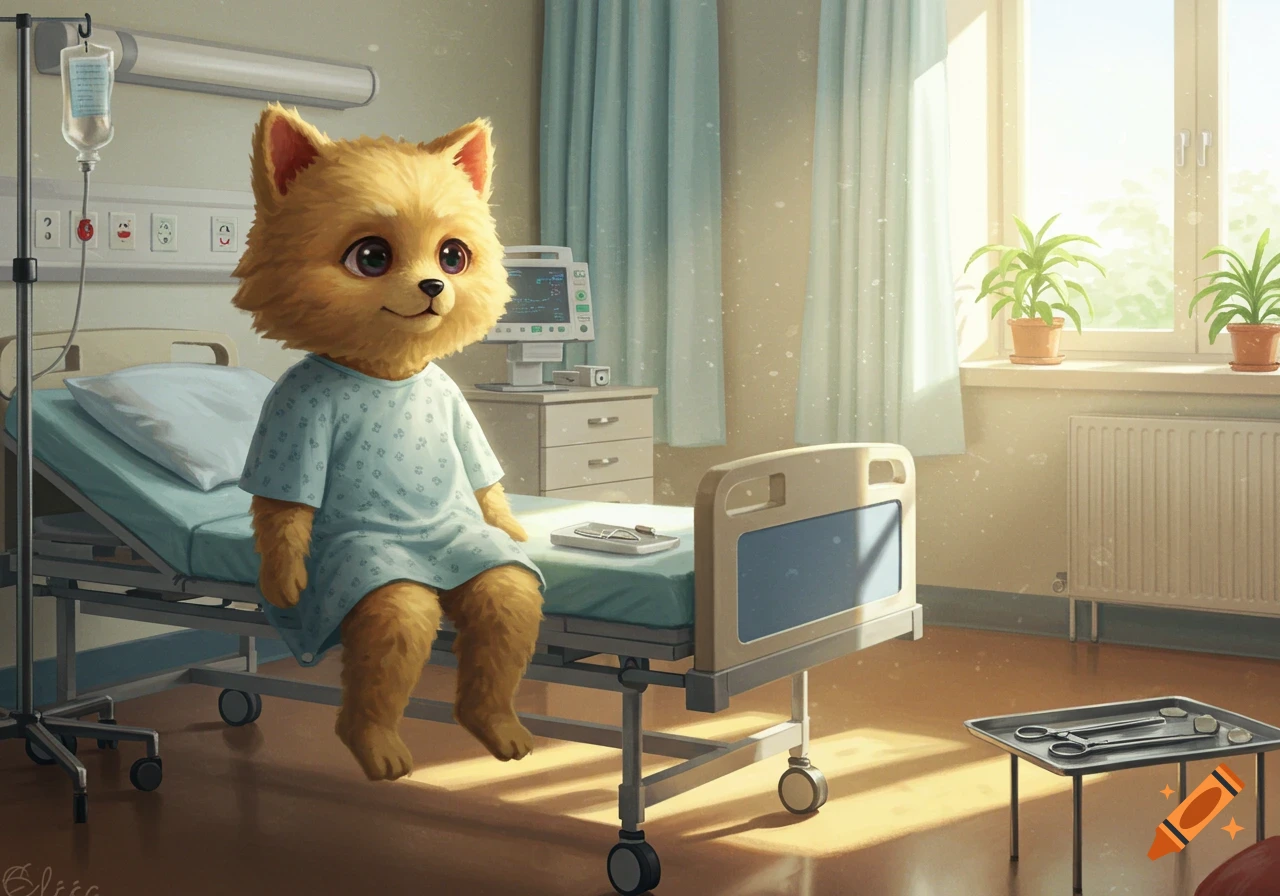 A fluffy dog-like character in a blue hospital gown sits on a bed in a sunlit hospital room with an IV, monitor, and plants.