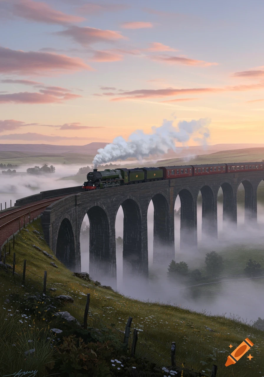 A green steam train crosses a stone viaduct over a misty valley at sunrise, with rolling hills in the background.