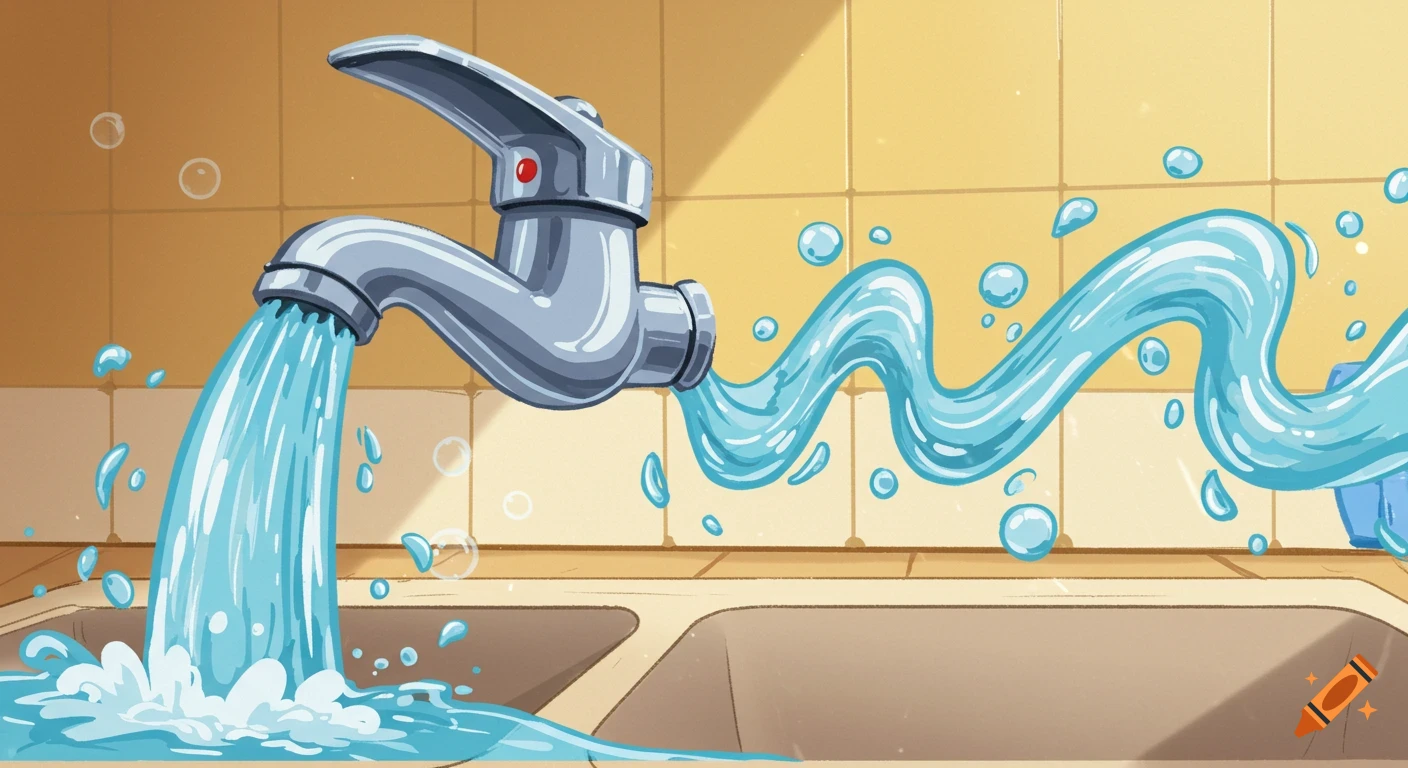 A cartoon illustration of a silver faucet gushing water into a double sink, with wavy streams against a tiled wall.