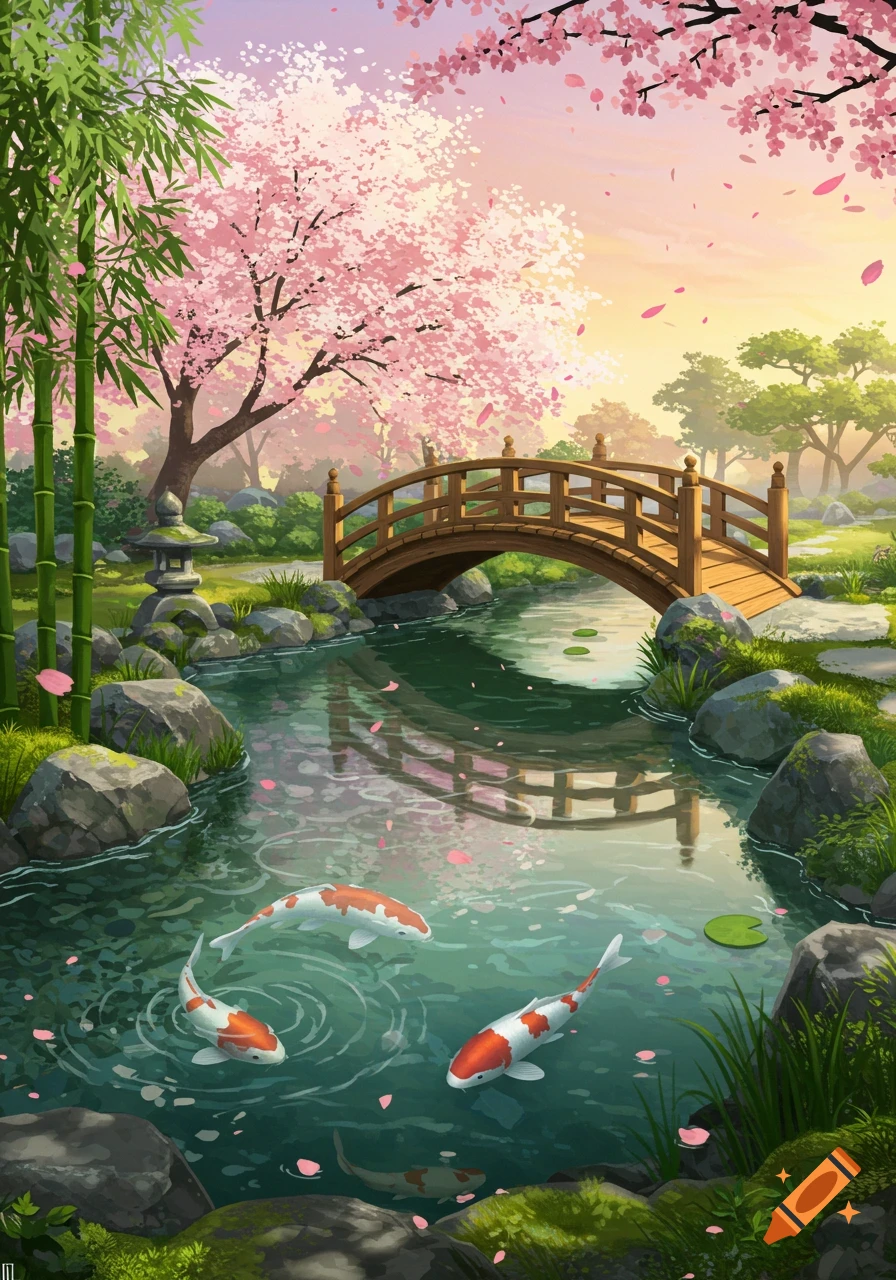 Illustration of a serene Japanese garden with a wooden bridge over a stream, pink cherry blossoms, bamboo, and koi fish swimming among fallen petals.