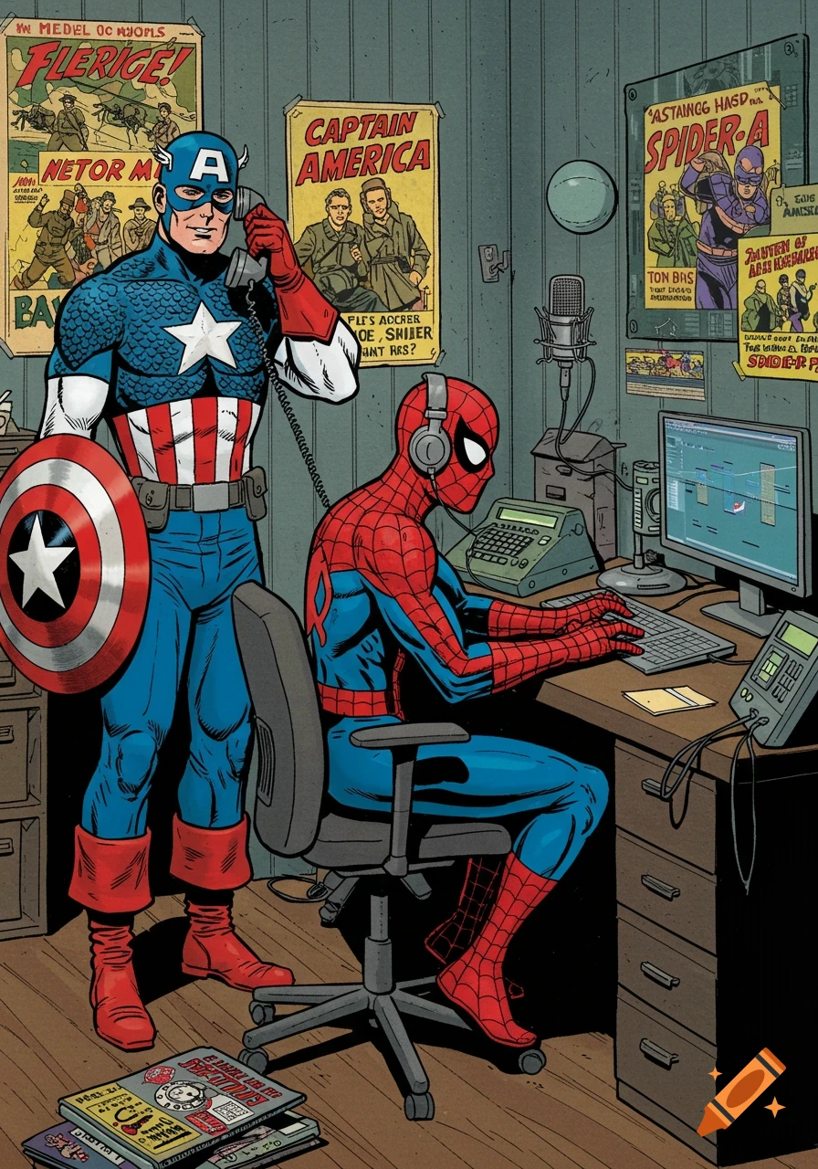 Captain America holds a phone to his ear while Spider-Man, wearing headphones, types on a computer at a desk, surrounded by comic book posters.