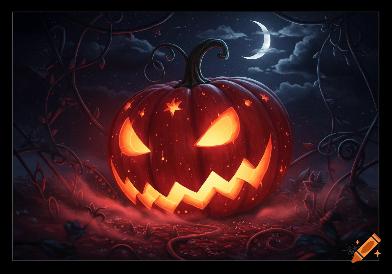 A glowing, red jack-o'-lantern with carved eyes and mouth illuminates a dark, moonlit night surrounded by ethereal vines.