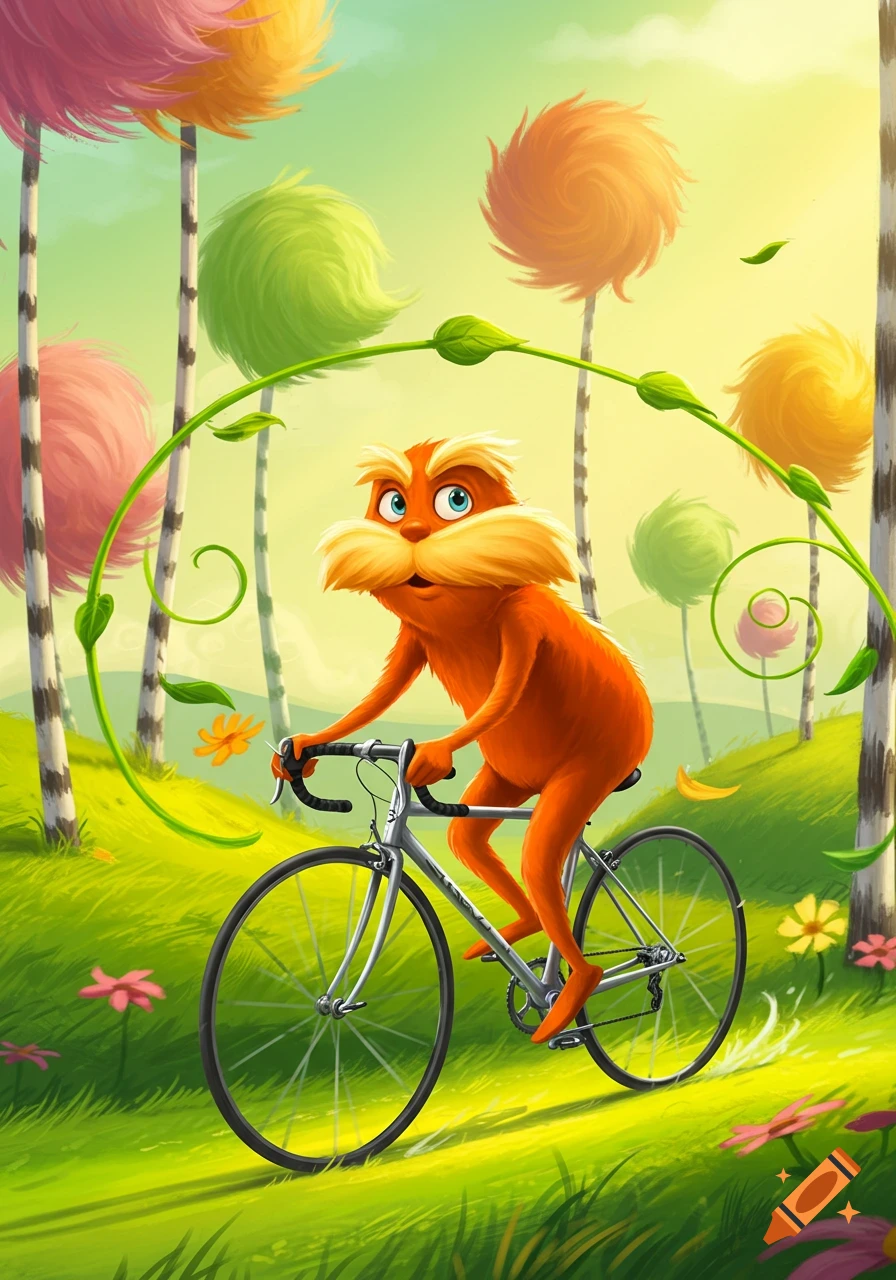 The Lorax riding a road bicycle through a vibrant, whimsical landscape with colorful Truffula trees.