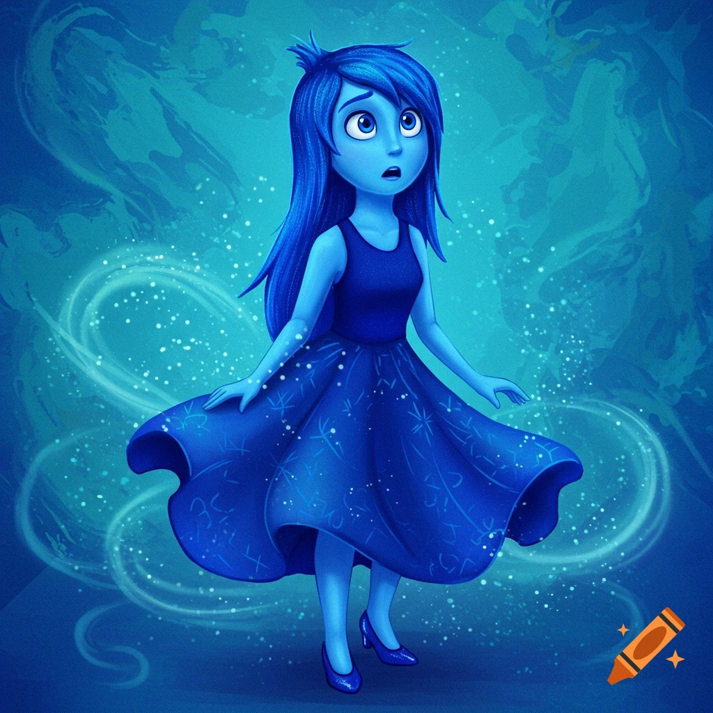A blue cartoon character with long hair and a blue dress, looking surprised amidst swirling sparkles.
