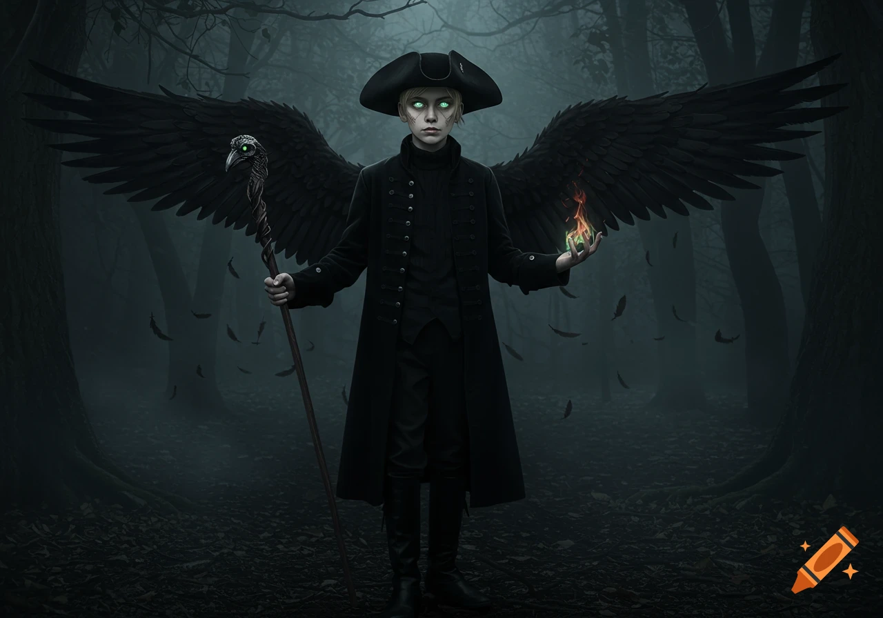 A pale boy with glowing green eyes and black wings stands in a dark forest, holding a raven-head staff and green fire.