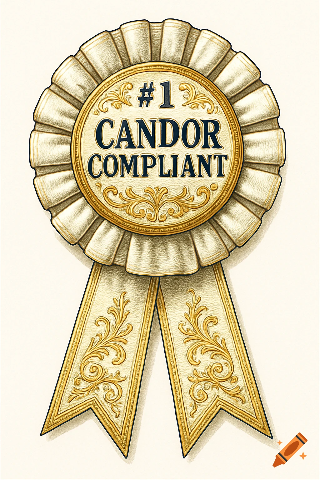 A detailed illustration of a cream-colored champion ribbon with a gold center reading "#1 CANDOR COMPLIANT".