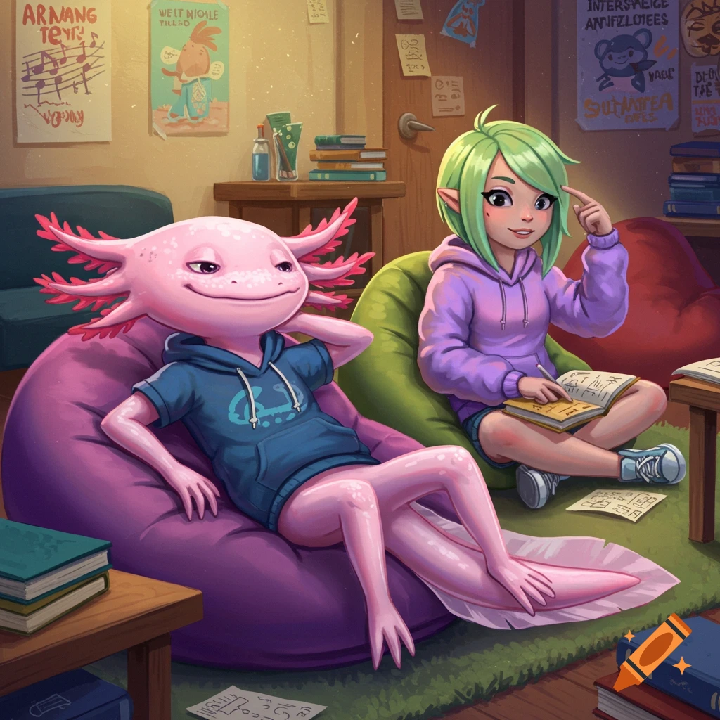 A pink axolotl and a green-haired elf-like character in hoodies relax on bean bags in a cozy room filled with books and posters.