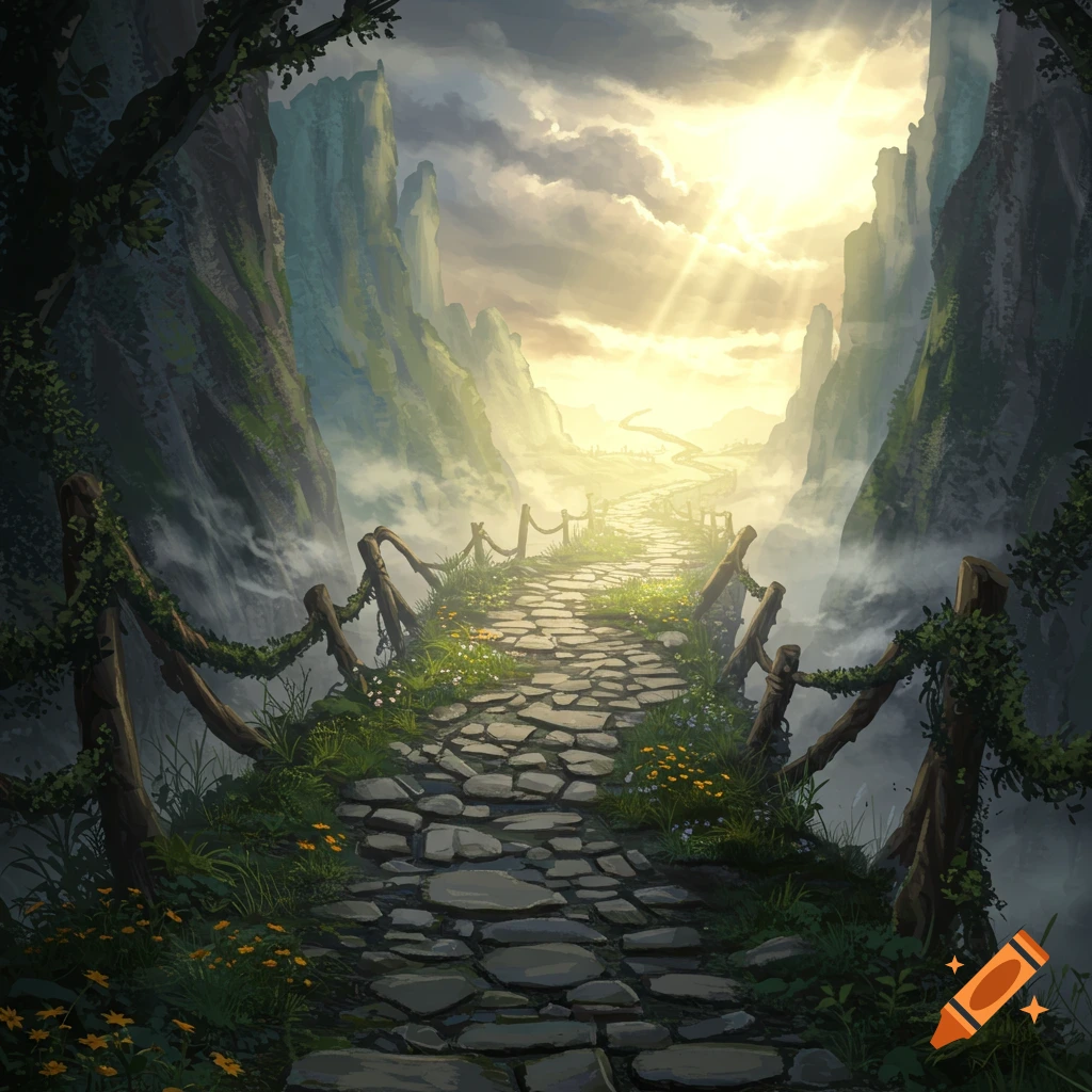 A sunlit stone path with wooden railings, winding through a misty fantasy mountain valley with lush green foliage.