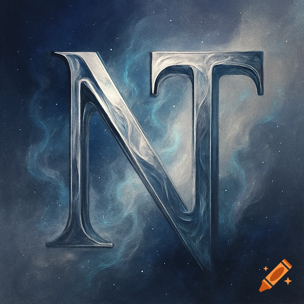 Stylized metallic letters N and T against a dark blue cosmic background with swirling light blue nebulae and tiny stars.