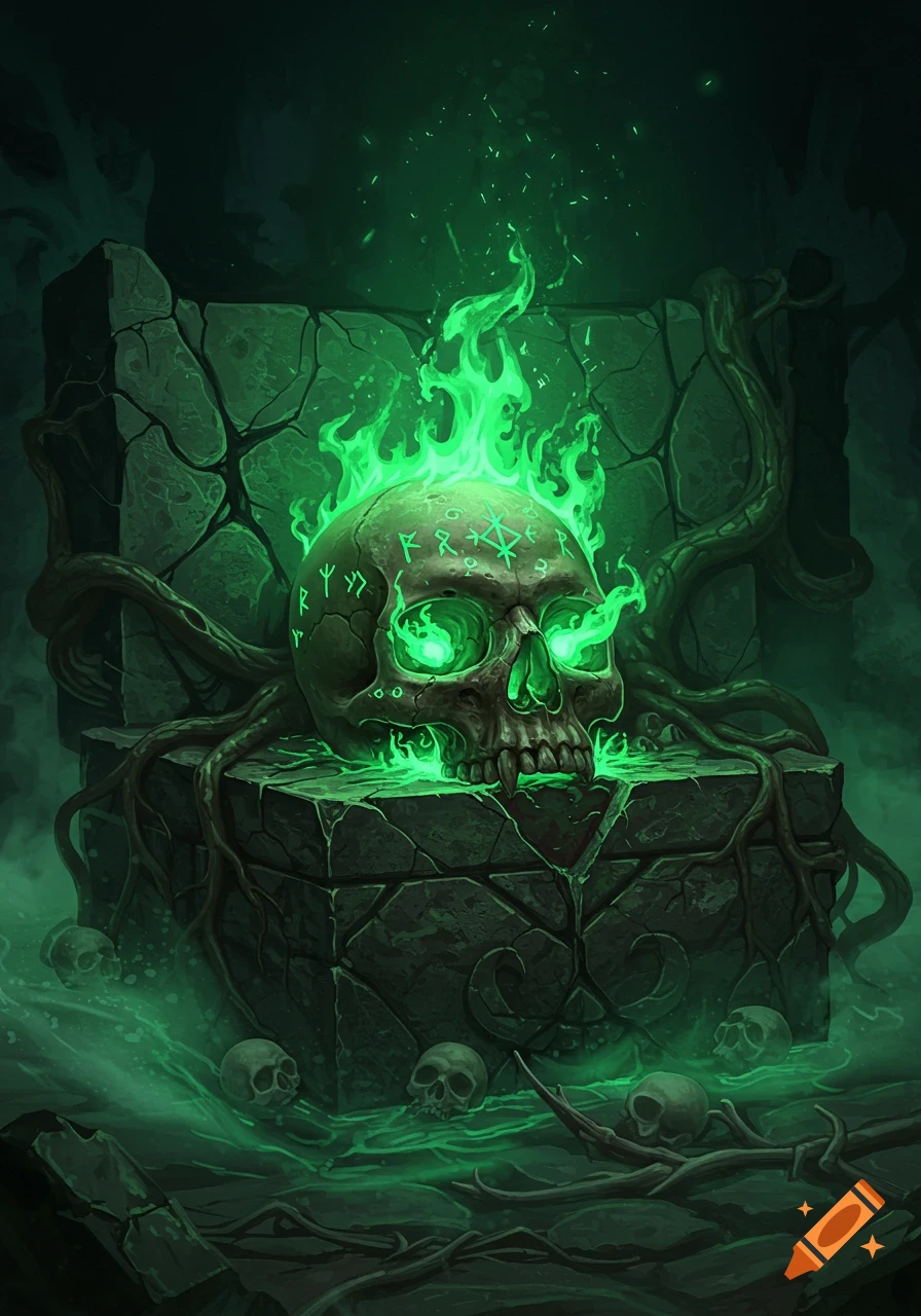 A mystical skull with glowing green fire and ancient runes, resting on a stone pedestal in a dark, eerie setting.