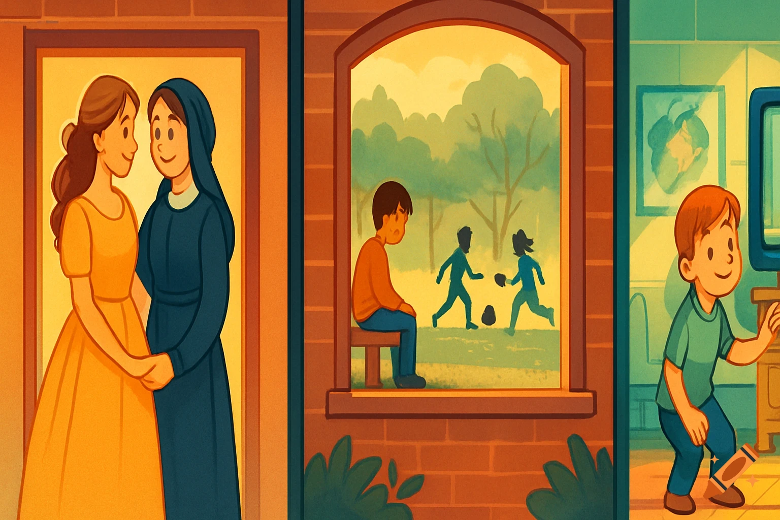 A panoramic illustration showing three scenes: two women holding hands, a sad boy looking out a window at children playing soccer, and a smiling boy indoors.
