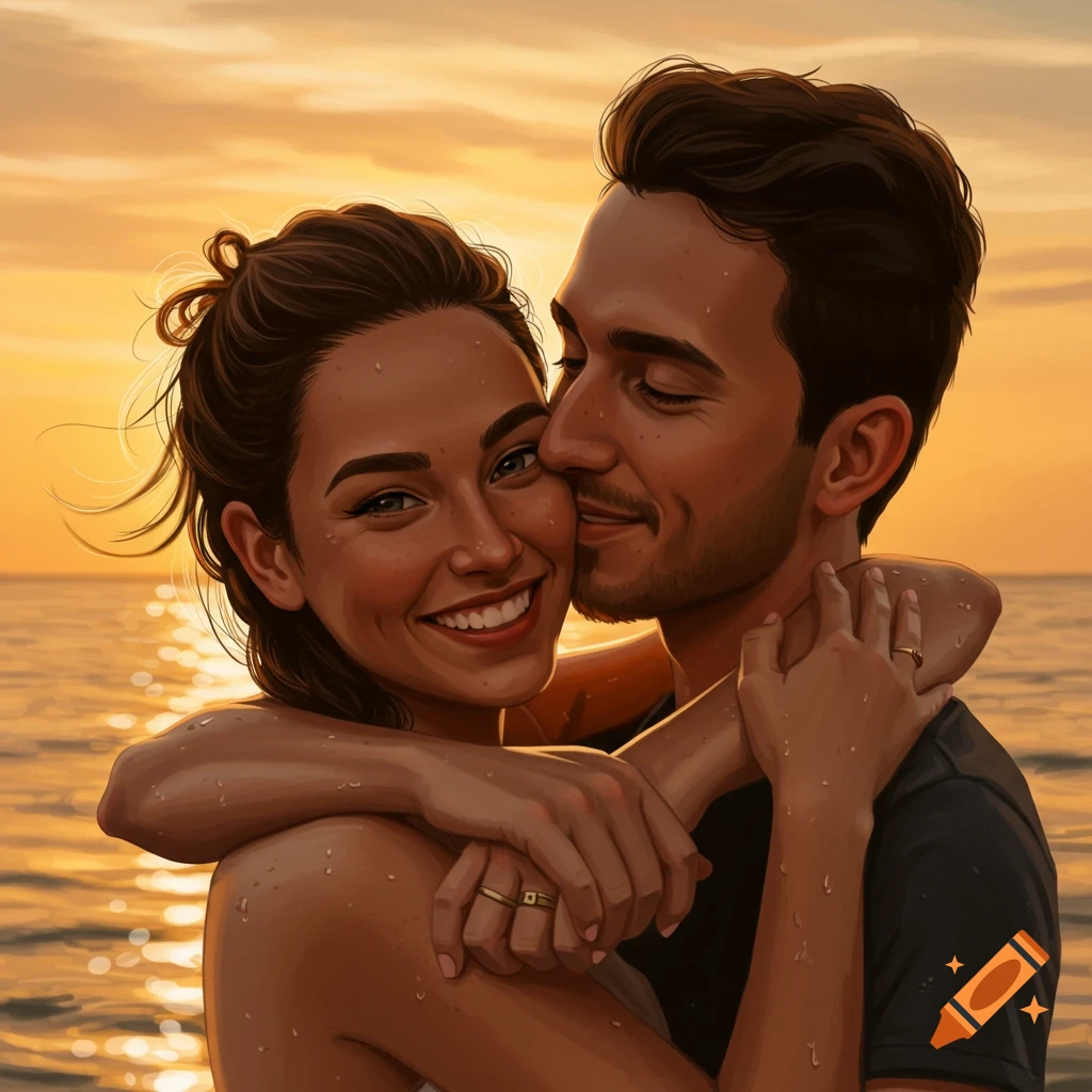 A smiling couple embracing at sunset on a beach, man kissing woman's cheek, in a vibrant illustration.