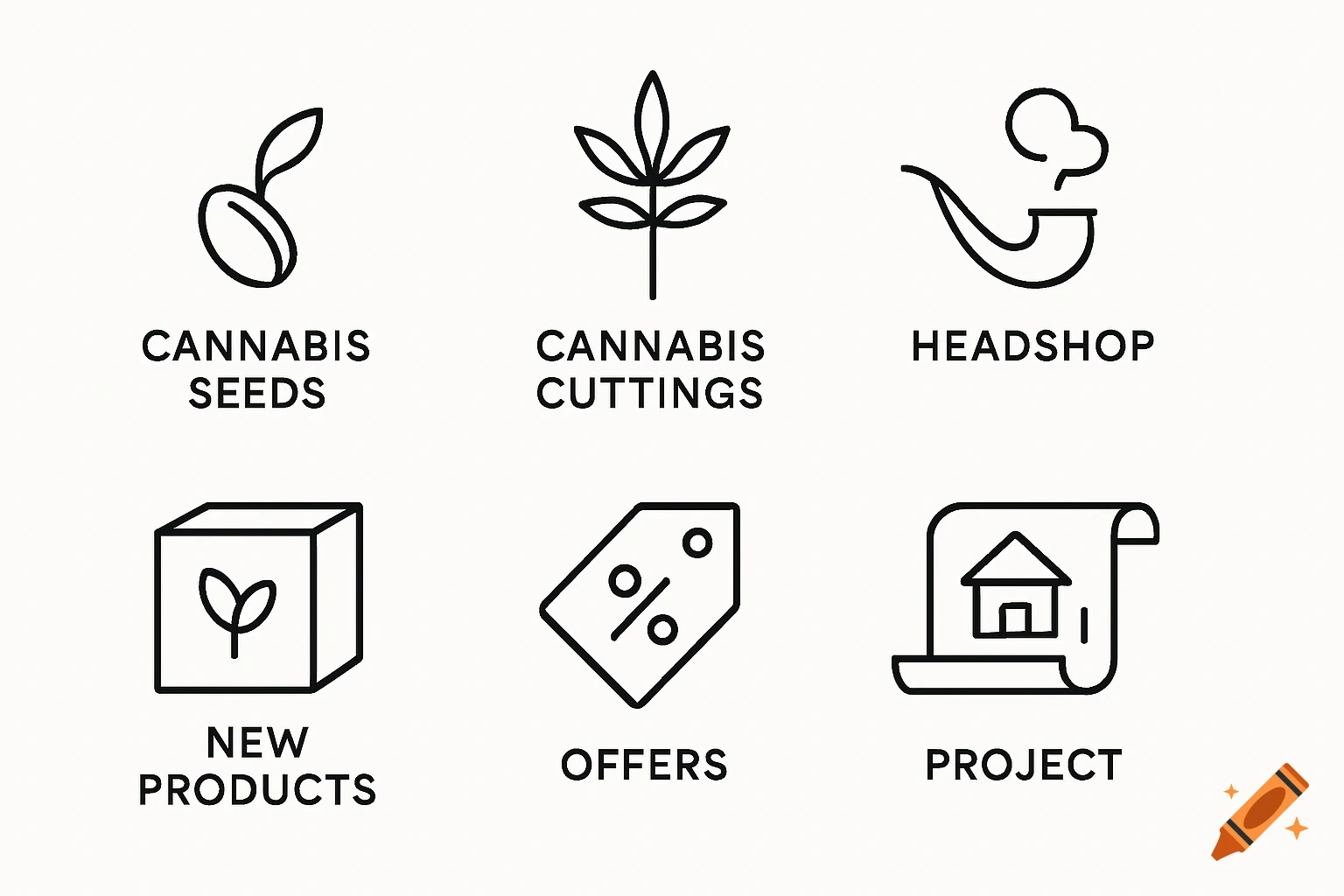 Minimalist black line icons for an online shop: cannabis seeds, cannabis cuttings, headshop, new products, offers, project on white background.