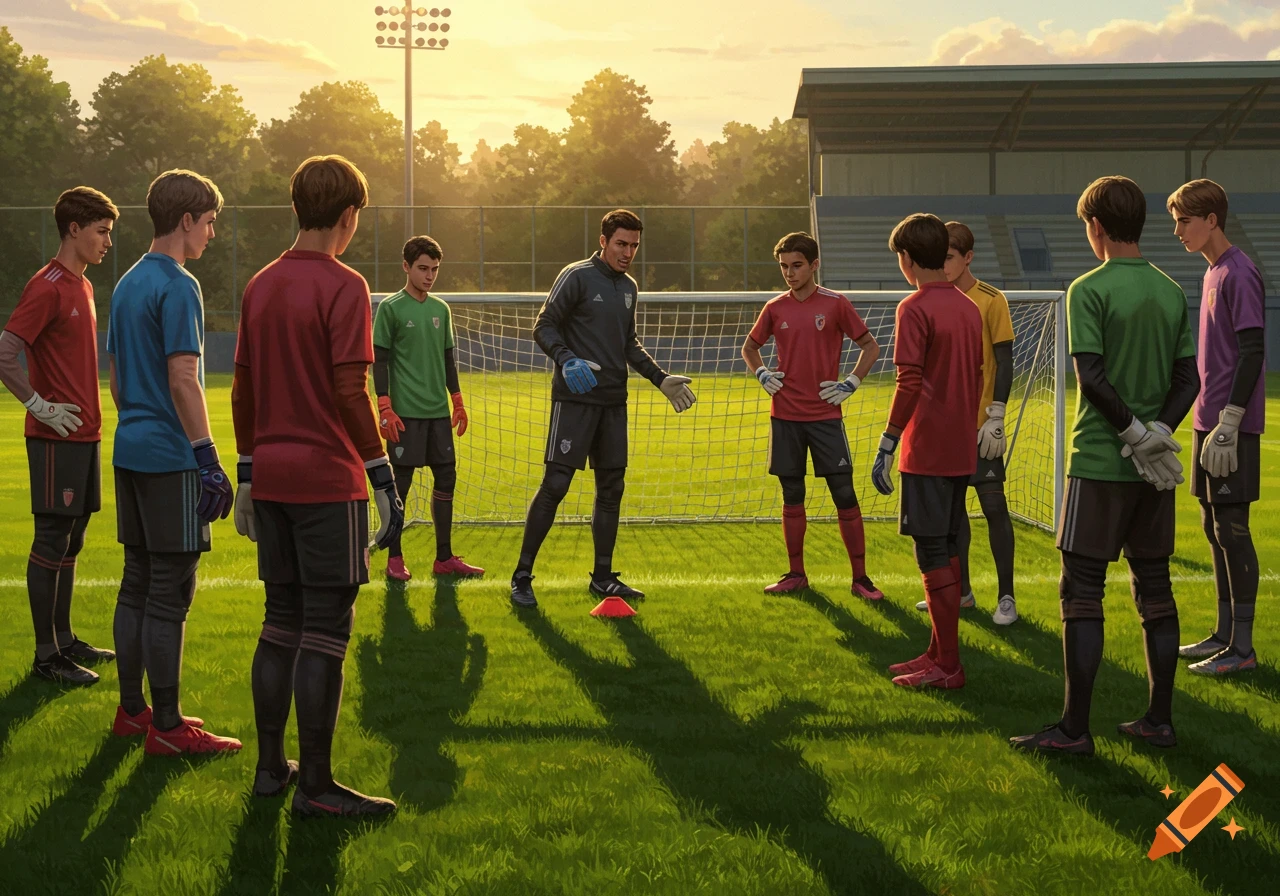 Young soccer goalkeepers gather around their coach on a sunny field with a goal and stadium lights, listening to instructions.