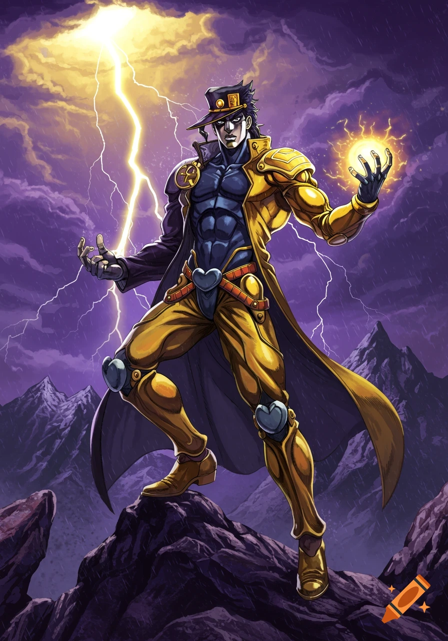 Anime man in a yellow trench coat and hat stands on a rocky mountain, holding a glowing orb under a stormy purple sky with lightning.
