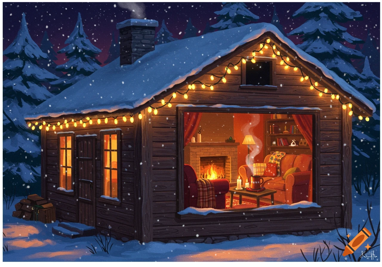 Illustrated cozy log cabin in a snowy winter night with string lights and a warm interior visible through the window.