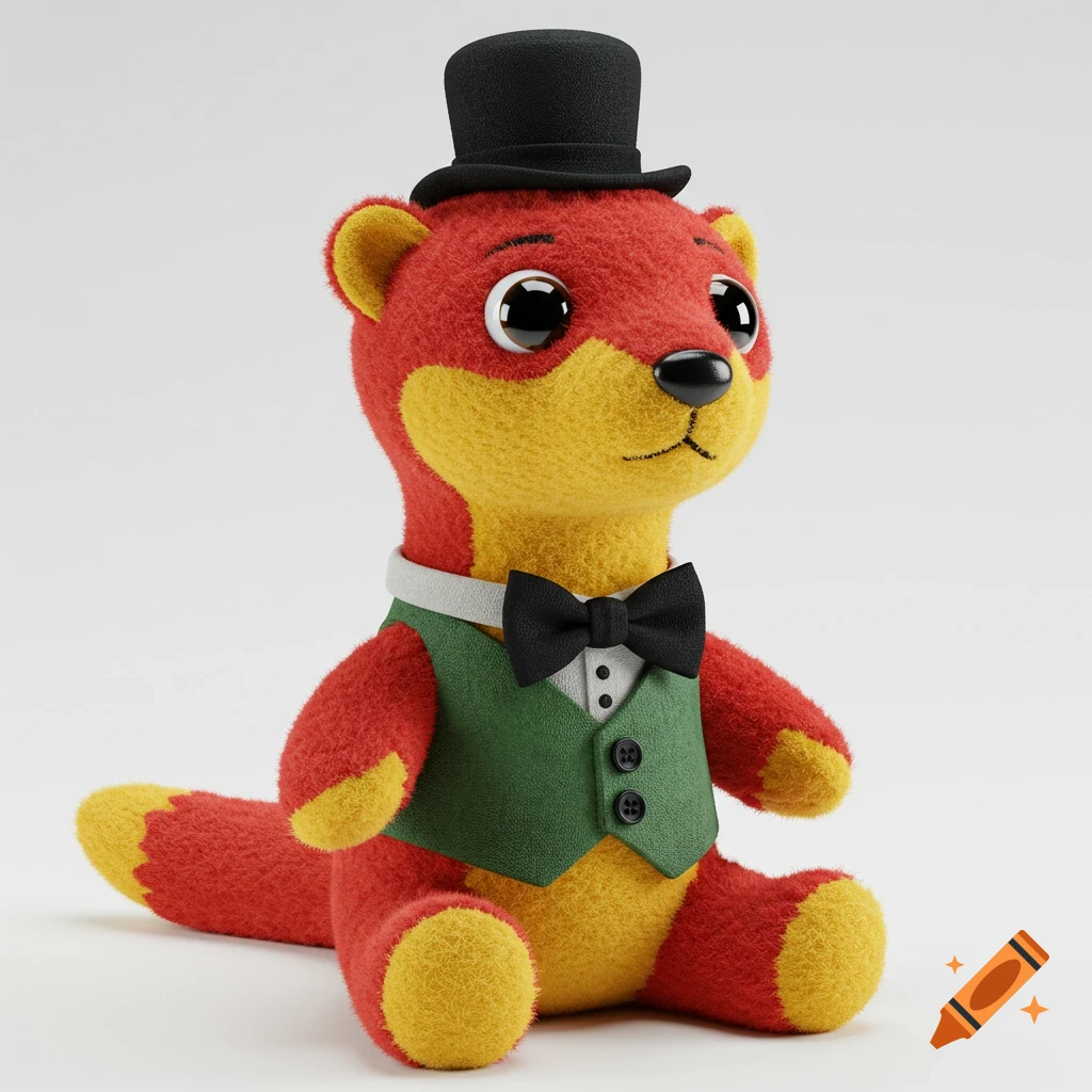 Cute red and yellow plush weasel wearing a black top hat, green vest, and bow tie, with big eyes, sitting.