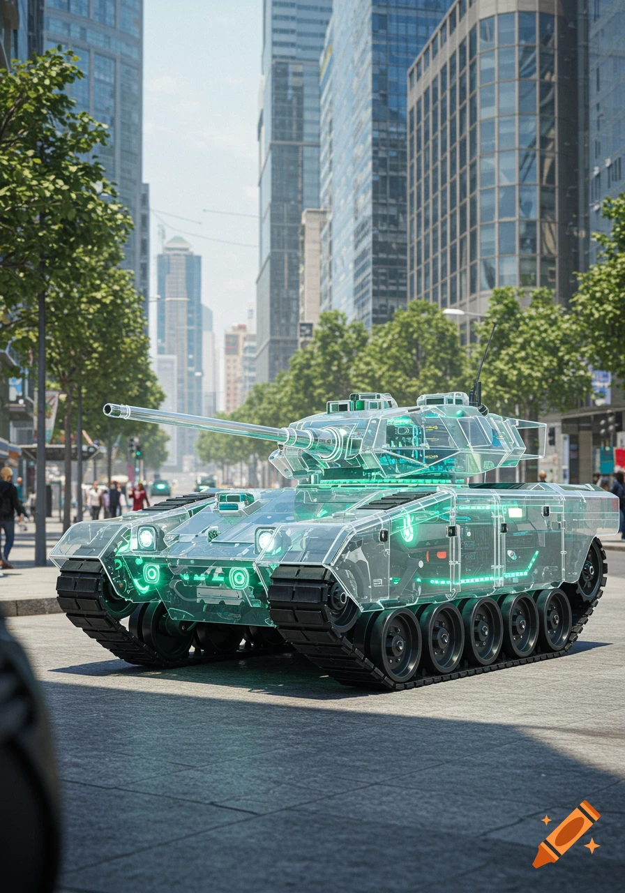 A futuristic transparent tank with a neon green glow drives down a city street lined with tall buildings and trees.